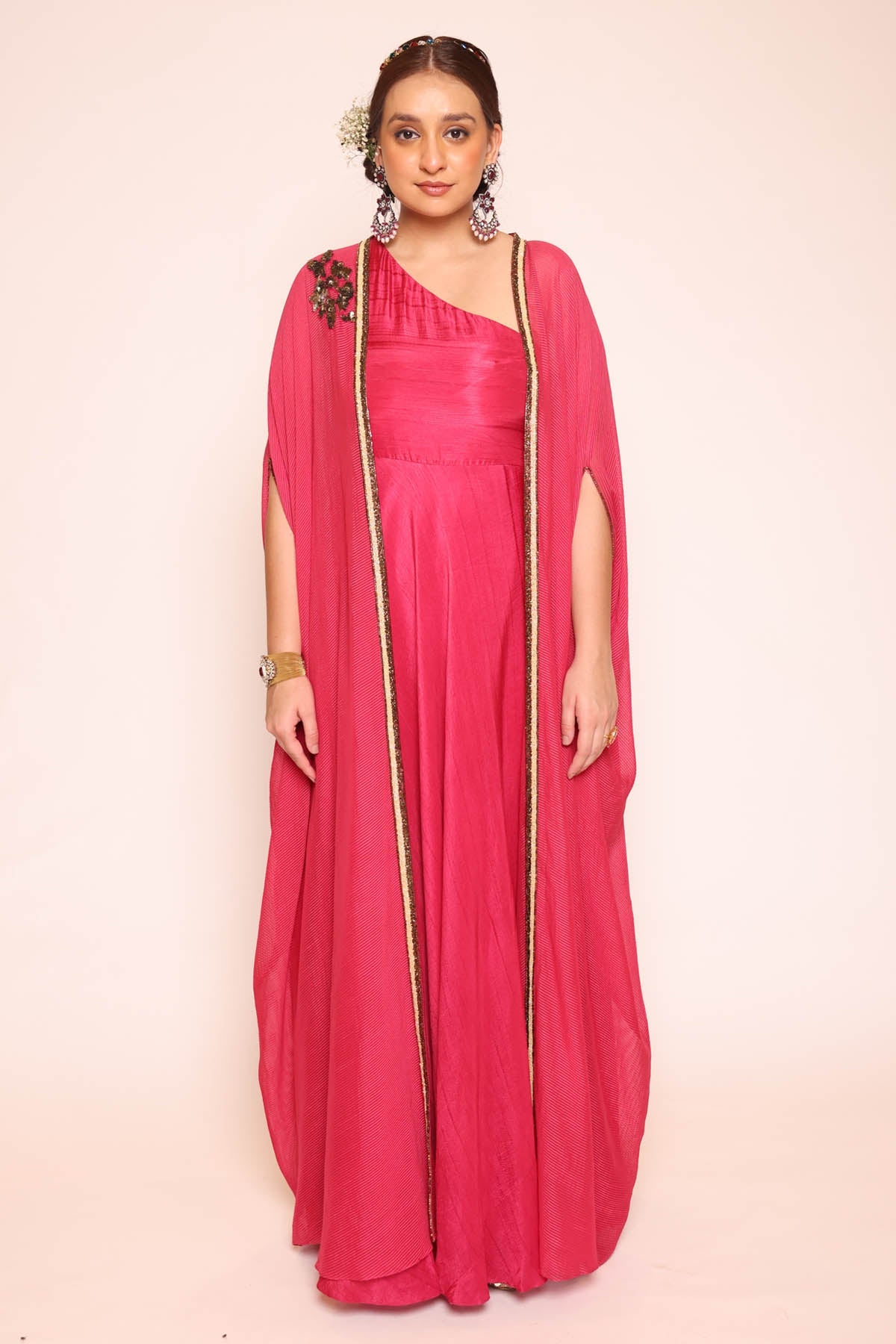 Pink One Shoulder Silk Dress at ScrollnShops